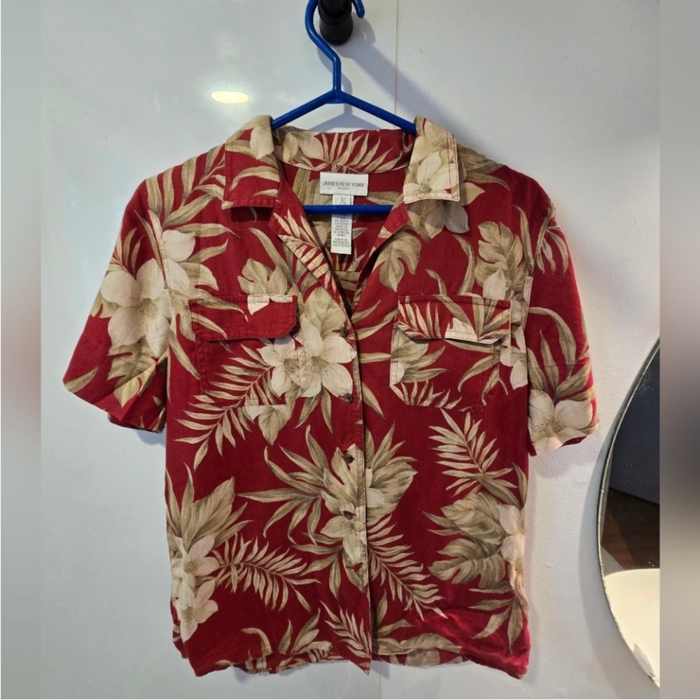 JONES NEW YORK Red & Tan Floral 100% Linen Utility Camp Shirt Size Small